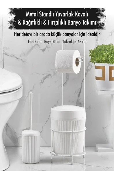 Metal Standlı Yuvarlak Kovalı & Kağıtlıklı & Fırçalıklı Beyaz Banyo Takımı ürün görseli 1