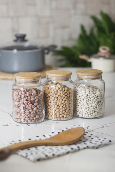 3 Lü Set Bambu Kapaklı Cam Kavanoz & Erzak Saklama Kabı 800 ml Orta  Boy ( Vakum Kapak ) ürün görseli 1