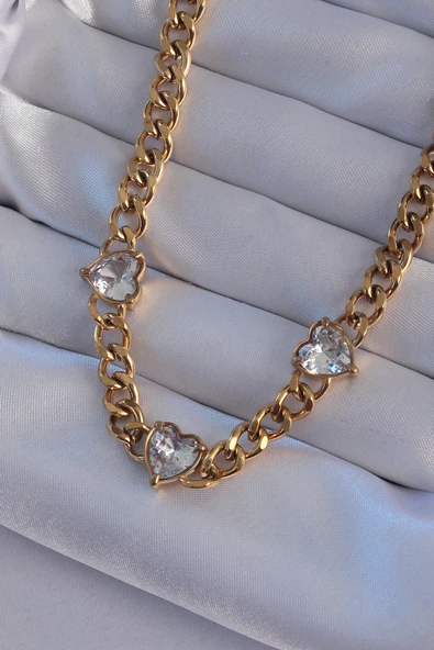 316L Çelik Gold Renk Zirkon Taşlı Kalp Model Zincir Kolye TJ-BKO8949 ürün görseli 1