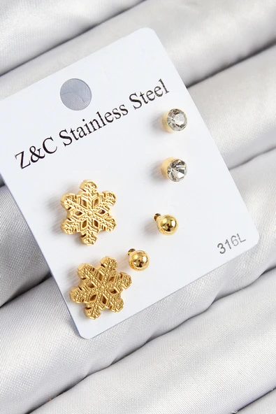 316L Çelik Zirkon Taşlı Kar Tanesi Model Gold Renk Kadın Set Küpe TJ-BKP11122 ürün görseli 1