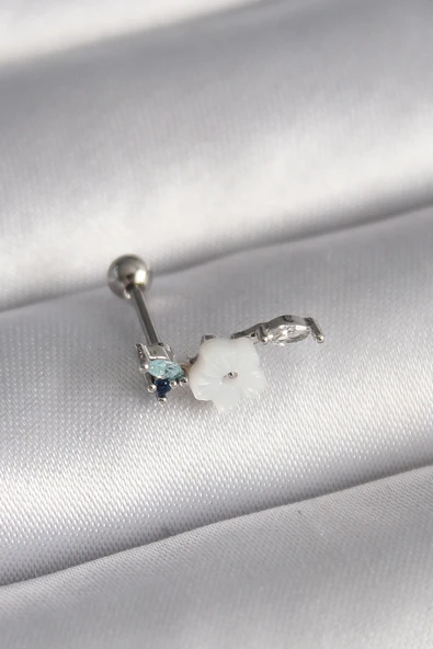 316L Çelik Gümüş Renk Zirkon Taş Detay Beyaz Çiçek Model Tragus Piercing TJ-PR1357 ürün görseli 1