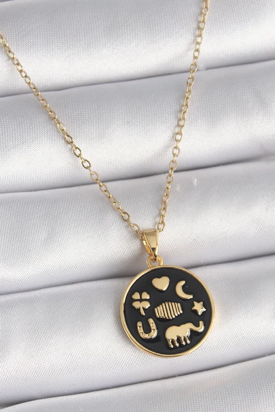 316L Çelik Gold Renk Siyah Şans Kolyesi TJ-BKO9547 ürün görseli 1