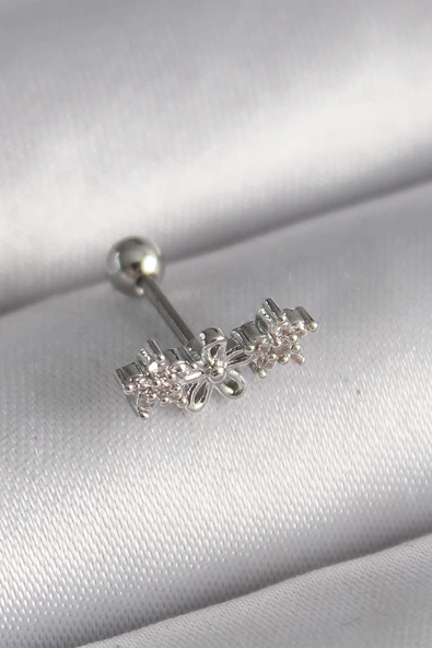 316L Çelik Gümüş Renk Zirkon Taşlı Çiçek Tragus Piercing TJ-PR1247 ürün görseli 1