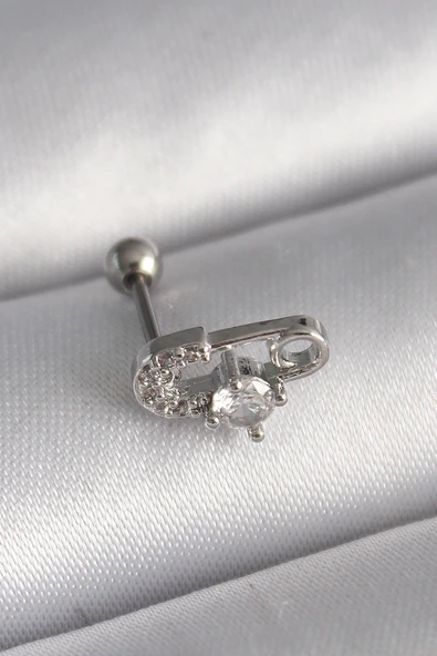 316L Çelik Gümüş Renk Zirkon Taşlı Toplu İğne Tragus Piercing TJ-PR1275 ürün görseli 1