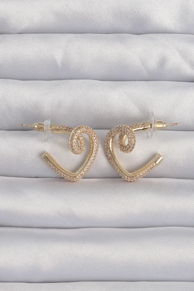 Pirinç Gold Renk Zirkon Taşlı Kıvrımlı Yarım Kalp Küpe TJ-BKP9279 ürün görseli 1