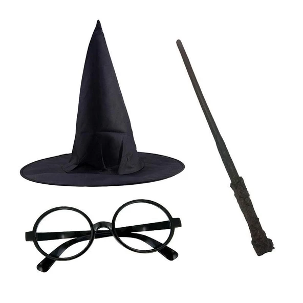 Harry Potter Siyah Şapkası Harry Potter Gözlüğü Harry Potter Asası 3 lü Set ürün görseli 1