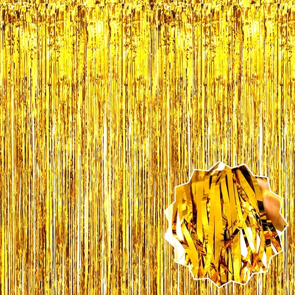 Altın Gold Renk Ekstra Metalize Parlak Saçaklı Arka Fon Perde İthal 1x2 Metre ürün görseli 1