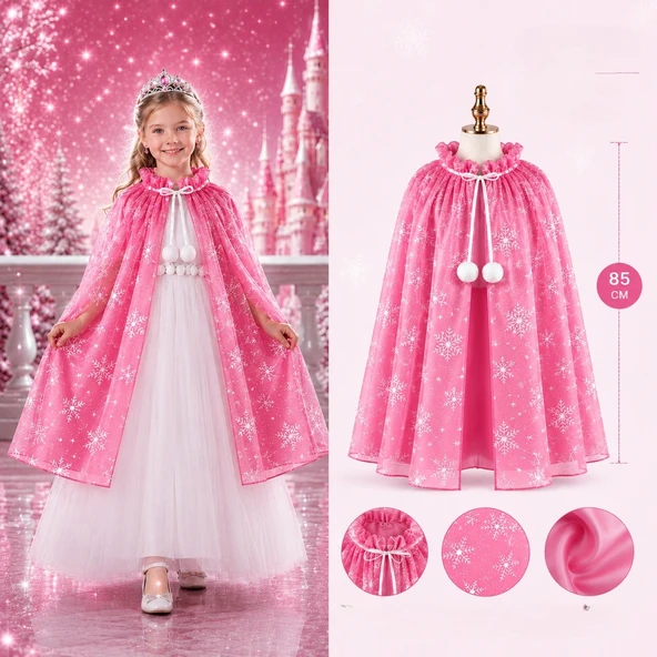 Kar Tanesi Desenli Pembe Elsa Pelerini - Astarlı Frozen Pelerini 85 cm ürün görseli 1