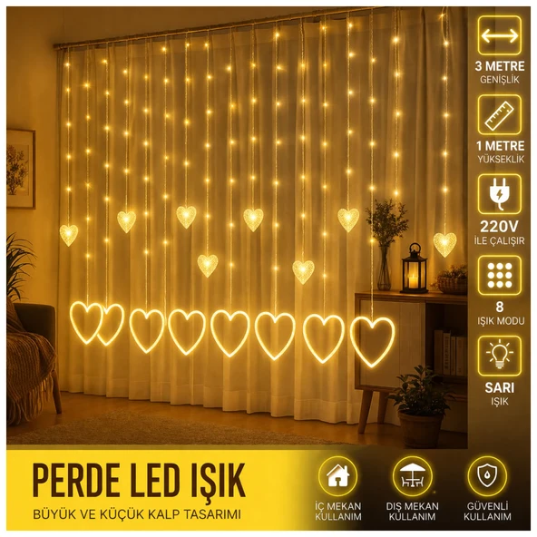 3 Metre 8 Modlu Kalp Perde LED Işık - Sarı (Sıcak Beyaz) Işık Dekoratif Işıklandırma Oda Dekoru ürün görseli 1