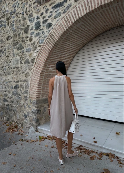 Halter Yaka Dokuma Midi Elbise - Resim 2