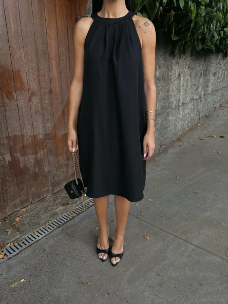 Halter Yaka Dokuma Midi Elbise - Resim 16
