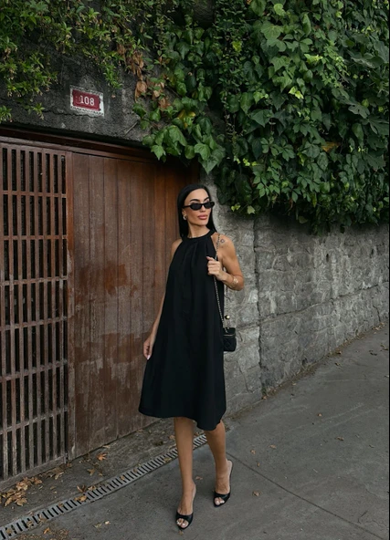 Halter Yaka Dokuma Midi Elbise - Resim 9