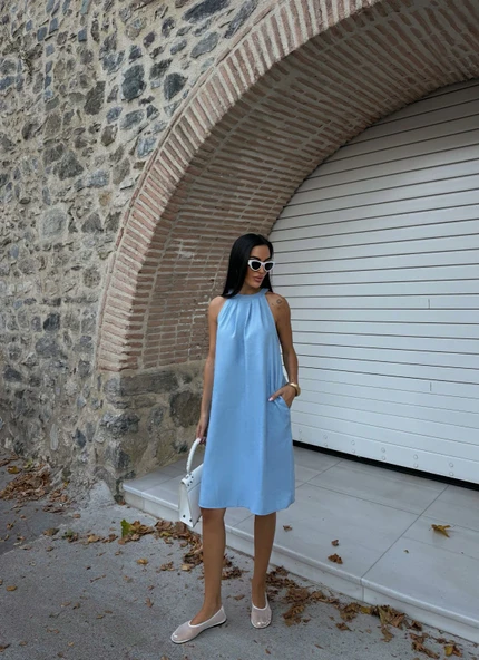 Halter Yaka Dokuma Midi Elbise - Resim 7