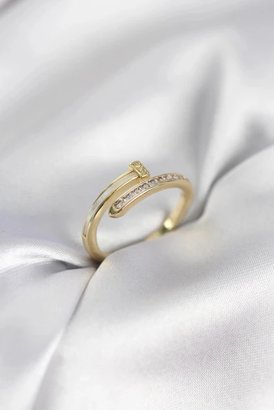 Nevamel® Zirkon Taşlı Gold Renk Yassı Çivi Model Kadın Yüzük 5886 ürün görseli 1
