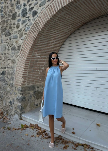 Halter Yaka Dokuma Midi Elbise - Resim 6