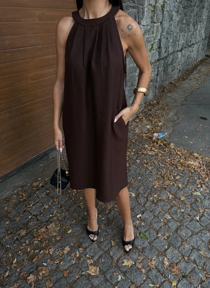 Halter Yaka Dokuma Midi Elbise - Resim 17
