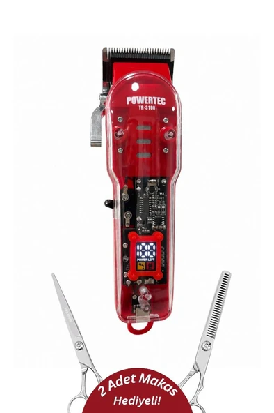 Powertec TR-3100 Düz ve Ara Makas Hediyeli Yeni Seri Profesyonel Tıraş Makinesi Kırmızı 2026 ürün görseli 1