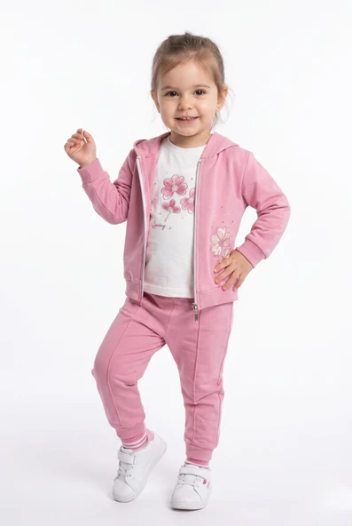 Toontoy Kız Çocuk 3'lü Eşofman Takımı Uzun Kollu Bisiklet Yaka Nakışlı T-shirt - Kapüşonlu Fermuarlı Hırka- Beli Paçası Lastikli Eşofman Altı 25042 ürün görseli 1