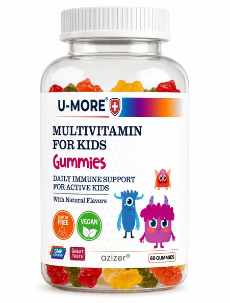 U-More Multivitaminli Çocuk Gummies 60 Adet  Şekersiz, Sığır Jelatini İçermez, Çilek-Portakal Aromalı ürün görseli 1
