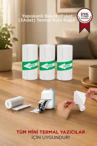 Torima Yapışkanlı Beyaz 1Paket (3Adet) Termal Rulo Kağıt Etiket Sticker Tüm Mini Makinalara Uyumlu ürün görseli 1