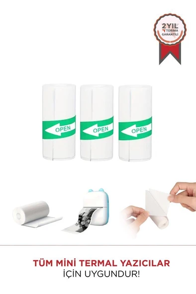 Torima Yapışkanlı Beyaz 1Paket (3Adet) Termal Rulo Kağıt Etiket Sticker Tüm Mini Makinalara Uyumlu ürün görseli 1