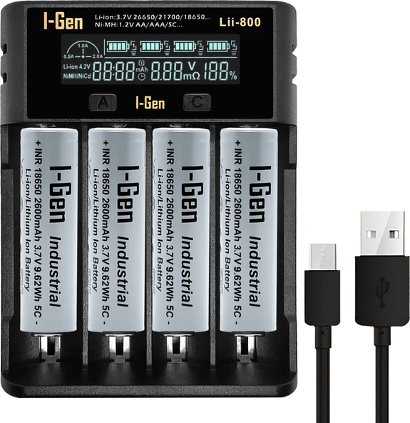 I-Gen G426 18650 5C Şarjlı Pil 3.7V 2600 Mah 4 Lü Paket + 4 Lü Şarj Aleti (Li800) ürün görseli 1