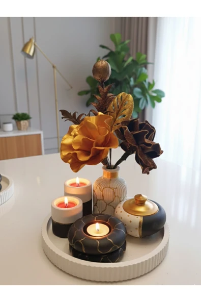 Luniva Home Dekoratif Tepsili Mumluk ve Pampas Vazo Hediyelik Ev,Ofis Dekorasyon Obje Takımı(Çiçekler Dahildir) ürün görseli 1