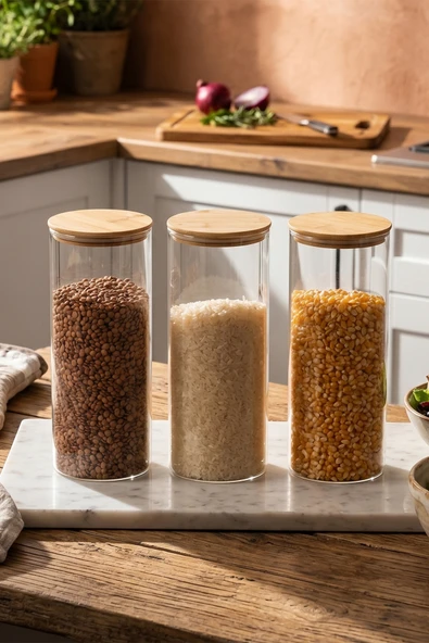 Porsima 3-3 Bambu Vakumlu Kapaklı Yuvarlak Borosilikat Cam 3lü Kavanoz Seti Saklama Kabı 1650ml 10x25cm ürün görseli 1