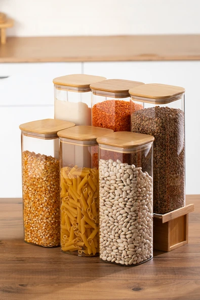 Porsima 7-3 Bambu Vakumlu Kapaklı Kare Borsilikat Cam 6lı Kavanoz Seti Saklama Kabı 1900ml 9,5x27cm ürün görseli 1