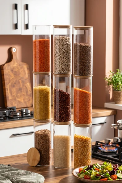 Porsima 3-3 Bambu Vakumlu Kapaklı Yuvarlak Borosilikat Cam 9lu Kavanoz Seti Saklama Kabı 1650ml 10x25cm ürün görseli 1