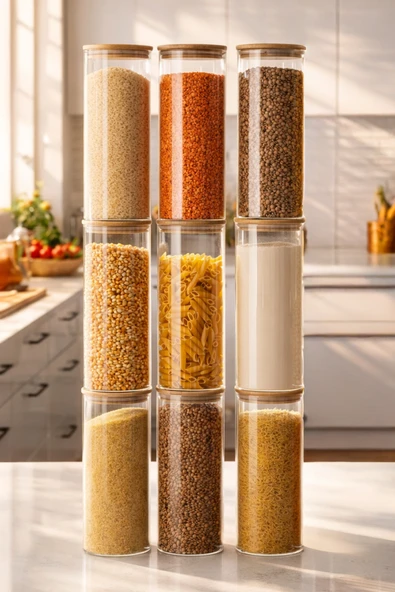 Porsima 4-3 Bambu Vakumlu Kapaklı Borosilikat Cam 9lu Saklama Kabı 2100ml 10x30cm Şeffaf ürün görseli 1