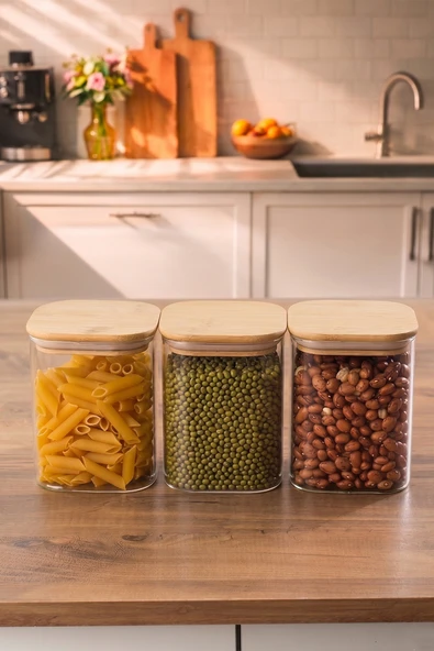 Porsima 5-3 Bambu Vakumlu Kapaklı Kare Borsilikat Cam 3lü Kavanoz Seti Saklama Kabı 750ml 7,5x15cm ürün görseli 1