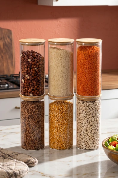 Porsima 2-3 Bambu Vakumlu Kapaklı Yuvarlak Borosilikat Cam 6lı Kavanoz Seti Saklama Kabı 1300ml 10x20cm ürün görseli 1