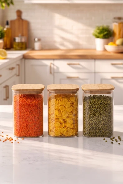 Porsima 6-3 Bambu Vakumlu Kapaklı Kare Borsilikat Cam 3lü Kavanoz Seti Saklama Kabı 1250ml 9,5x15cm ürün görseli 1