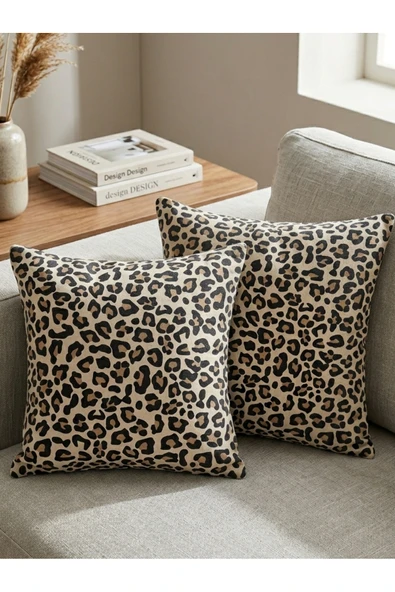 Luniva Home Lüks Leopar Desenli 2'li Kırlent Kılıfı Modern Kadife Dokulu Dekoratif Yastık Kılıfı (43x43 cm) ürün görseli 1