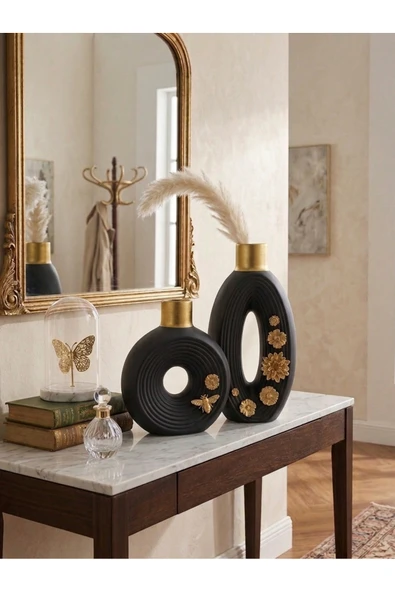 Luniva Home Lüx, Kabartmalı Gold Detaylı ÇiçeklinEv, Ofis ve Hediyelik Dekoratif 2" li Vazo Seti ürün görseli 1