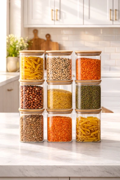 Porsima 5-3 Bambu Vakumlu Kapaklı Kare Borsilikat Cam 9lu Kavanoz Seti Saklama Kabı 750ml 7,5x15cm ürün görseli 1