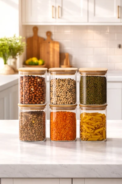 Porsima 5-3 Bambu Vakumlu Kapaklı Kare Borsilikat Cam 6lı Kavanoz Seti Saklama Kabı 750ml 7,5x15cm ürün görseli 1