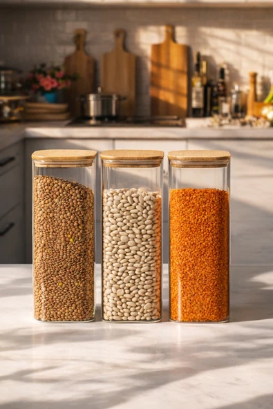 Porsima 7-3 Bambu Vakumlu Kapaklı Kare Borsilikat Cam 3lü Kavanoz Seti Saklama Kabı 1900ml 9,5x27cm ürün görseli 1