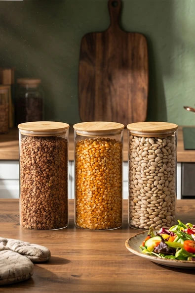 Porsima 2-3 Bambu Vakumlu Kapaklı Yuvarlak Borosilikat Cam 3lü Kavanoz Seti Saklama Kabı 1300ml 10x20cm ürün görseli 1