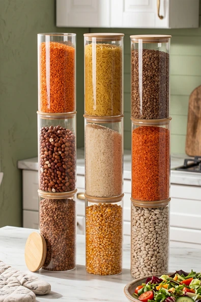 Porsima 2-3 Bambu Vakumlu Kapaklı Yuvarlak Borosilikat Cam 9lu Kavanoz Seti Saklama Kabı 1300ml 10x20cm ürün görseli 1