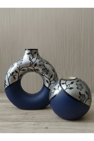 Luniva Home Dekoratif Gümüş&Lacivert Ev, Ofis ve Hediyelik Modern Donut Vazo, Mumluk Seti ürün görseli 1