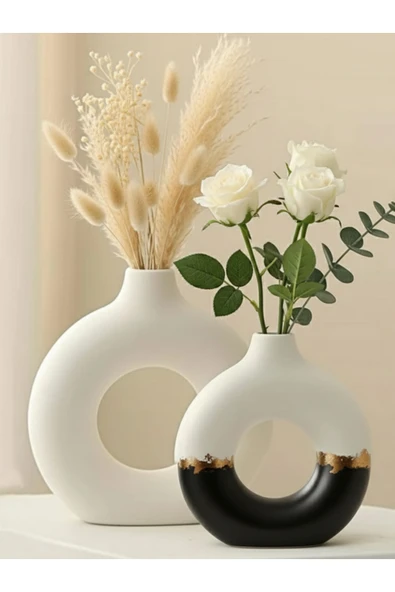 Luniva Home Dekoratif Varaklı Soyut Desenli Seramik Halka Vazo Seti (2'li) - Bohem Modern Dekor, Hediyelik ürün görseli 1