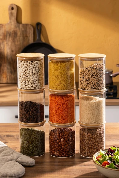 Porsima 1-3 Bambu Vakumlu Kapaklı Yuvarlak Borosilikat Cam 9lu Kavanoz Seti Saklama Kabı 750ml 10x12cm ürün görseli 1