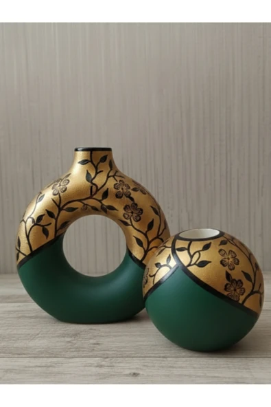 Luniva Home Dekoratif Gümüş&Lacivert Ev, Ofis ve Hediyelik Modern Donut Vazo, Mumluk Seti ürün görseli 1