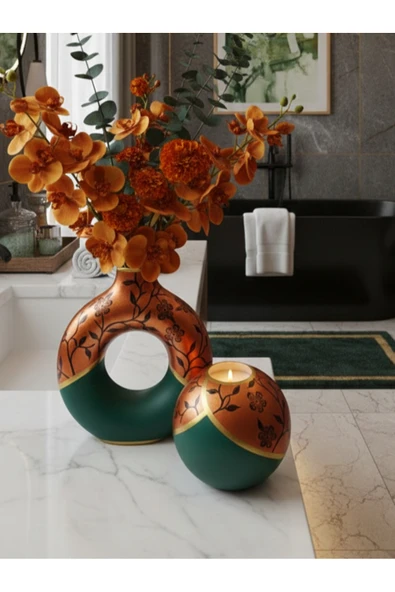 Luniva Home Yeşil&Bakır Ev, Ofis Dekorasyonuna Uygun Hediyelik 2'li Modern, Klasik Donut Vazo Seti ürün görseli 1