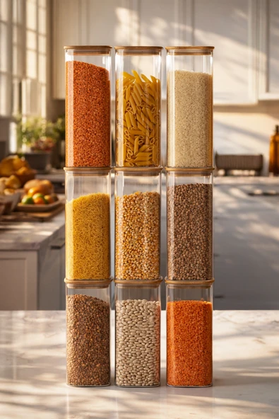 Porsima 7-3 Bambu Vakumlu Kapaklı Kare Borsilikat Cam 9lu Kavanoz Seti Saklama Kabı 1900ml 9,5x27cm ürün görseli 1