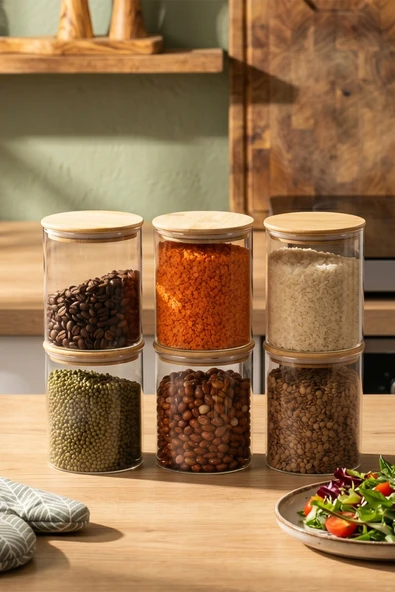 Porsima 1-3 Bambu Vakumlu Kapaklı Yuvarlak Borosilikat Cam 6lı Kavanoz Seti Saklama Kabı 750ml 10x12cm ürün görseli 1