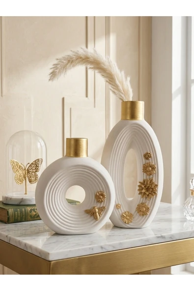Luniva Home Lüx, Kabartmalı Gold Detaylı ÇiçeklinEv, Ofis ve Hediyelik Dekoratif 2" li Vazo Seti ürün görseli 1