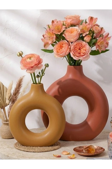 Luniva Home Dekoratif 2'li Ev, Ofis Dekoru ve Hediyelik Modern Donut Halka Vazo Seti ürün görseli 1